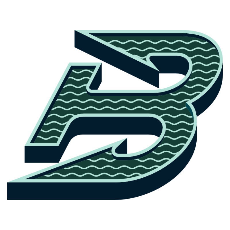 a letter B stylized like an anchor in bark green with teal outlining