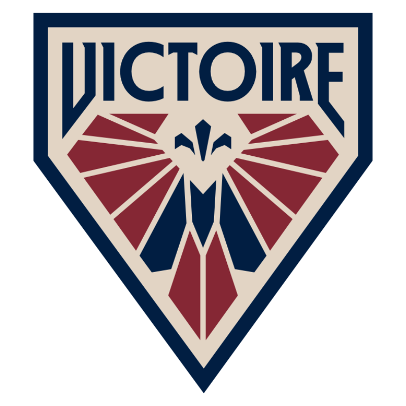 a biege shield with a dark blue outline and Victoire written in blue