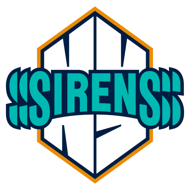 the word Sirens in teal super imposed on the letters NY in white with a dark blue and orange outline