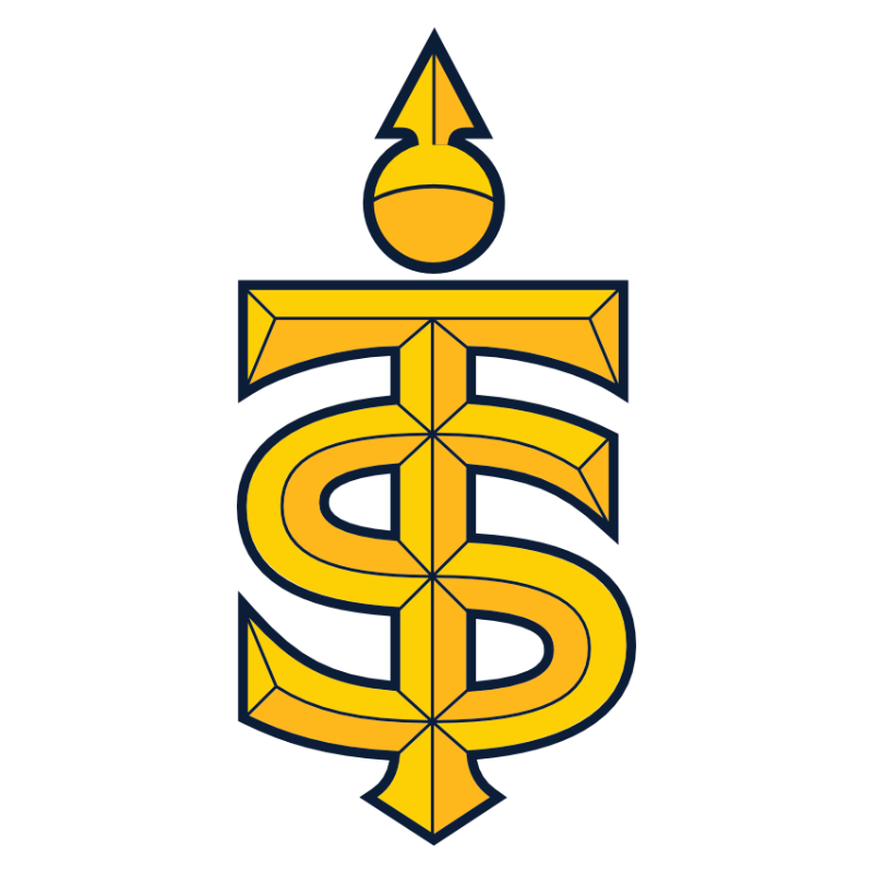 the letters T and S interlocking in gold with a navy blue outline