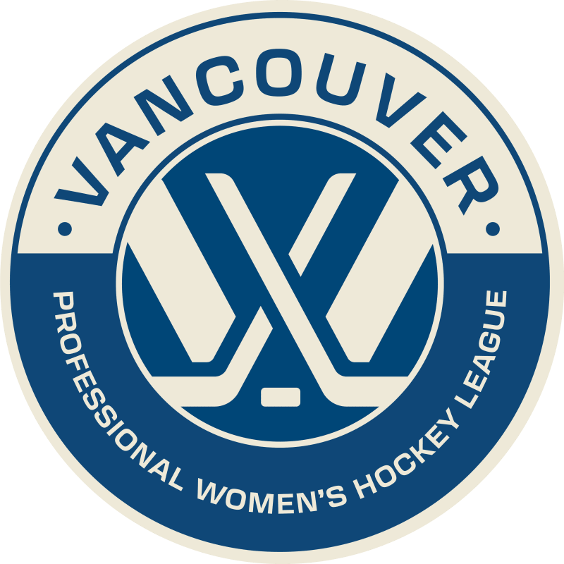 a cream PWHL logo on a blue background surrounded by a circle. the top half of the circle is cream with Vancouver written in blue and the bottom half of the circle is blue with Professional Women's Hockey League written in cream