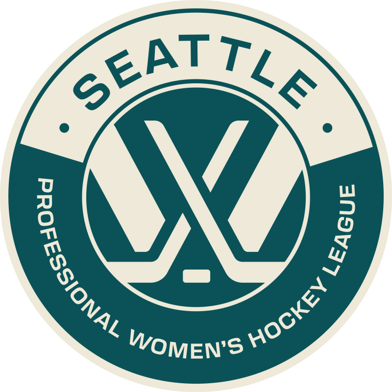 a cream PWHL logo on a dark team background surrounded by a circle. the top half of the circle is cream with Seattle written in dark teal and the bottom half of the circle is dark teal with Professional Women's Hockey League written in cream